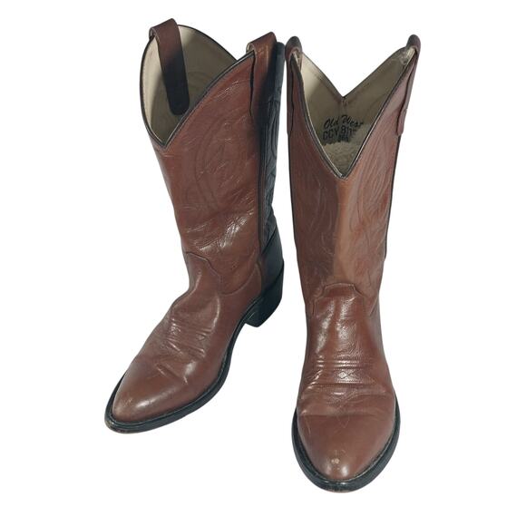 OLD WEST! PECAN BROWN GENUINE LEATHER WESTERN COWBOY BOOTS! FANCY STITCHED!SZ 6M - Picture 3 of 11
